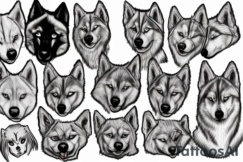 2 SIBERIAN HUSKYS, ONE FEMALE 
MORE stylized (dark eyes), and one male big head with a blue eye and the other coffee tattoo idea