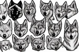 2 SIBERIAN HUSKYS, ONE FEMALE 
MORE stylized (dark eyes), and one male big head with a blue eye and the other coffee tattoo idea