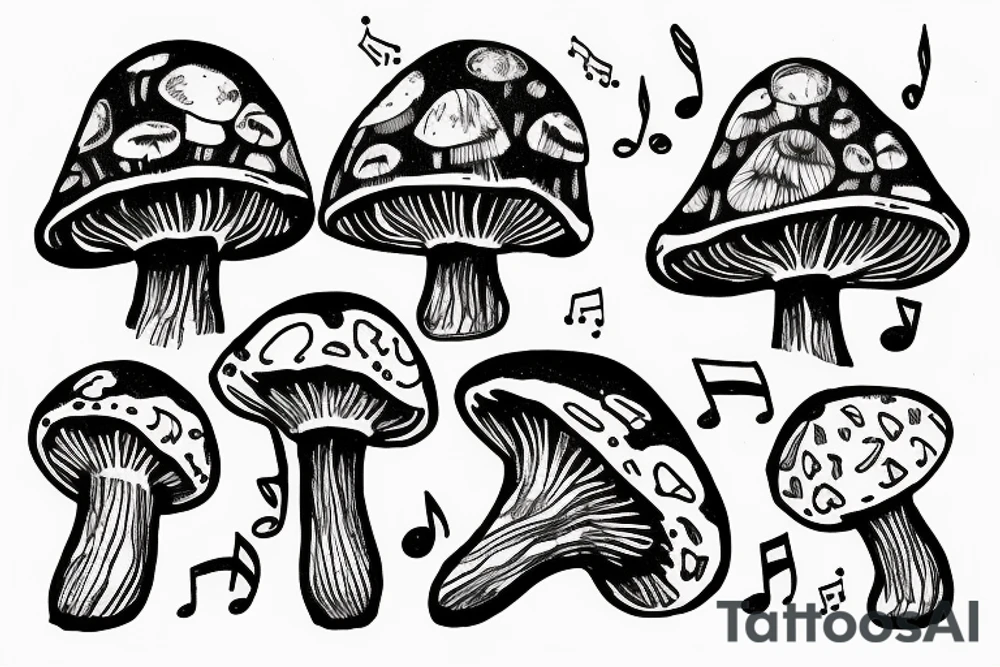 Small magic mushroom music tattoo idea