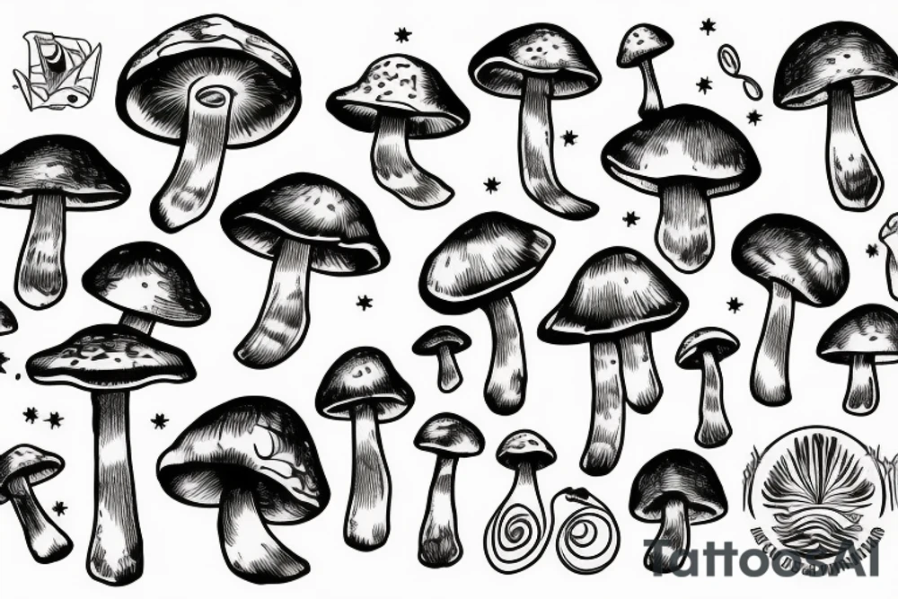 Small magic mushroom music tattoo idea