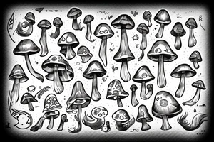 Small magic mushroom music old art tattoo idea