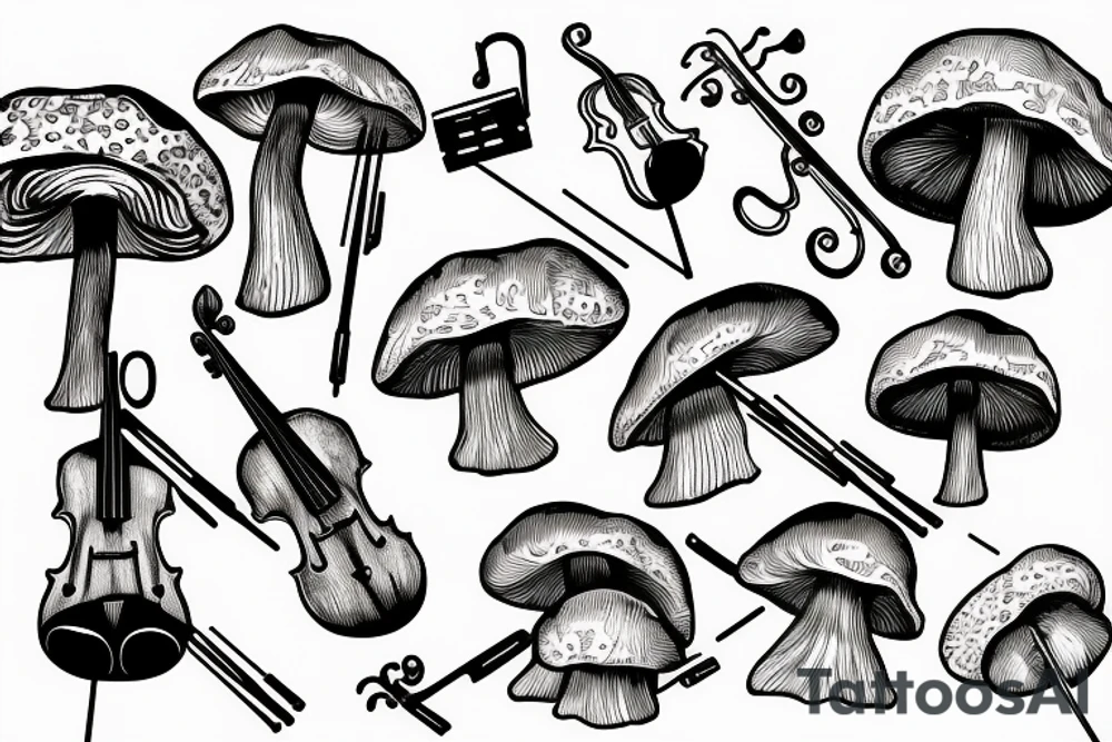Happy mushroom playing violin tattoo idea