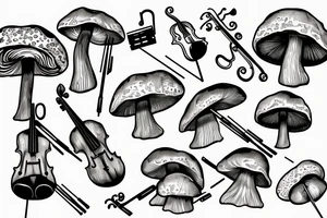 Happy mushroom playing violin tattoo idea
