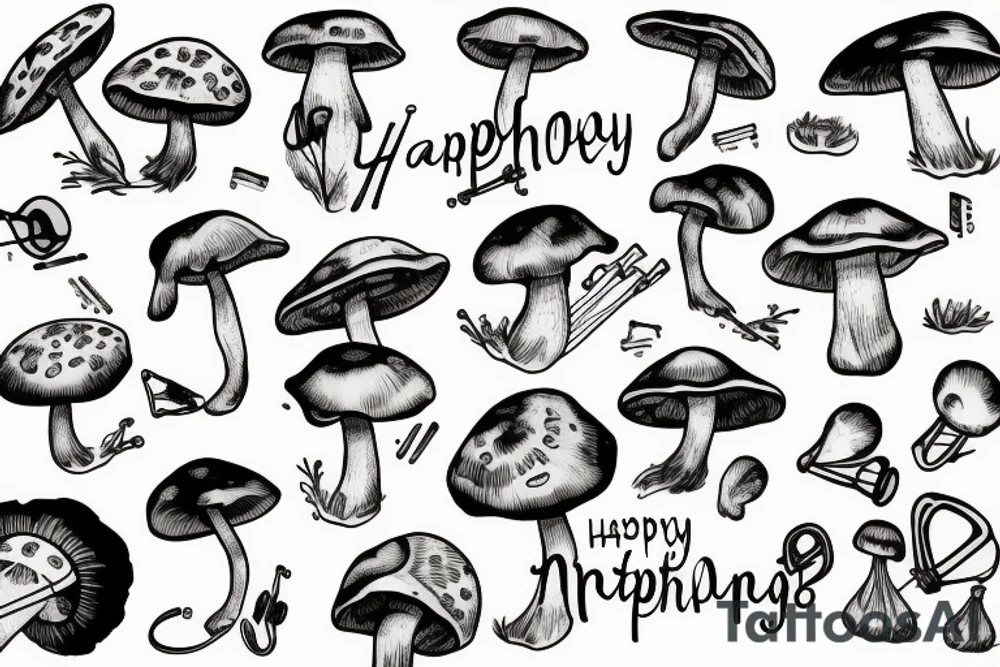 Happy mushroom playing violin tattoo idea