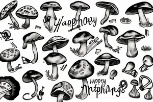 Happy mushroom playing violin tattoo idea