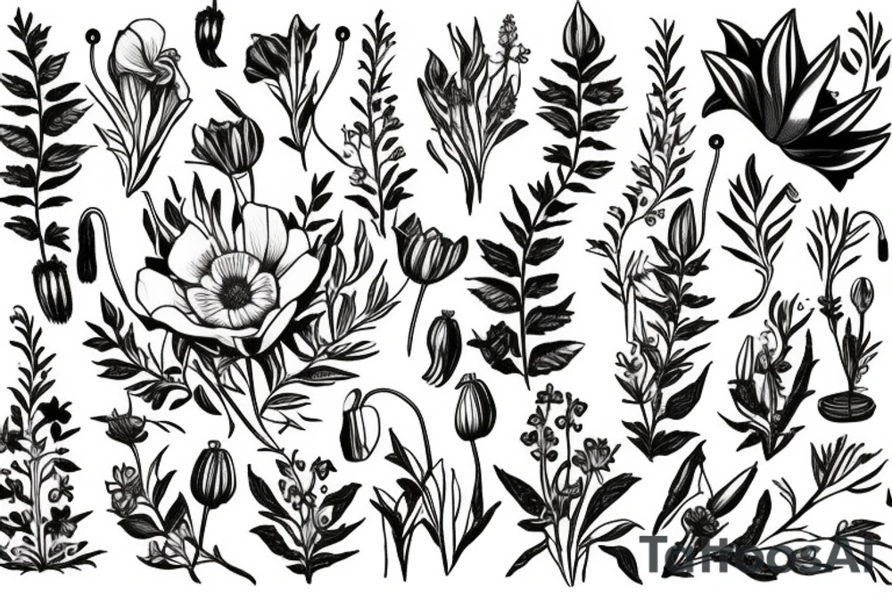 Large with bible reference James 1, lupine, elderberry, tulip, daises and poppy tattoo idea