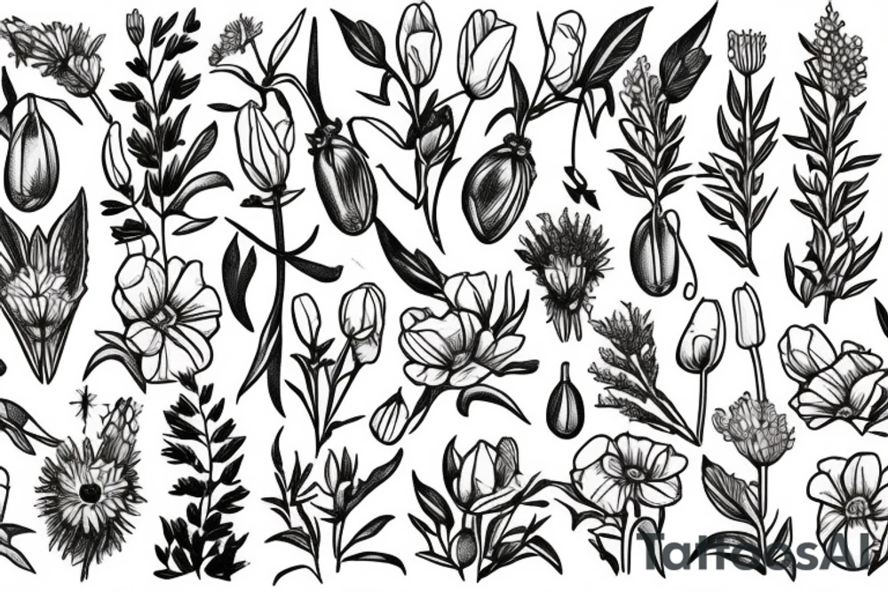 Large with bible reference James 1, lupine, elderberry, tulip, daises and poppy tattoo idea