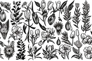 Large with bible reference James 1, lupine, elderberry, tulip, daises and poppy tattoo idea