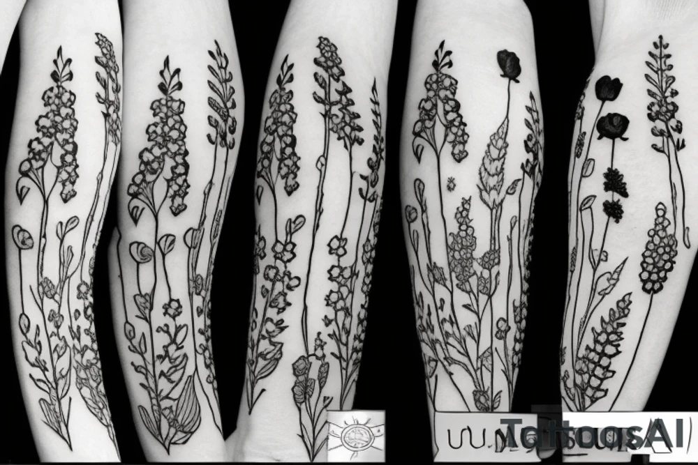 lupine, elderberry, tulip, daises and poppy tattoo idea