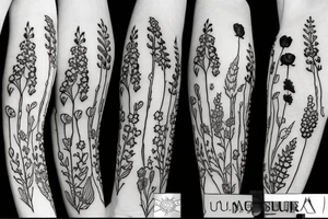 lupine, elderberry, tulip, daises and poppy tattoo idea