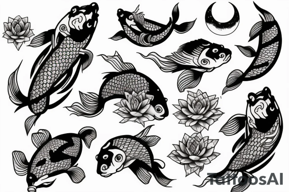 Koi fish moon cycle and flowers tattoo idea
