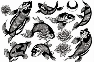 Koi fish moon cycle and flowers tattoo idea