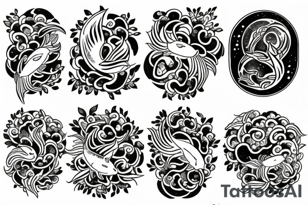 Koi fish moon cycle and flowers tattoo idea