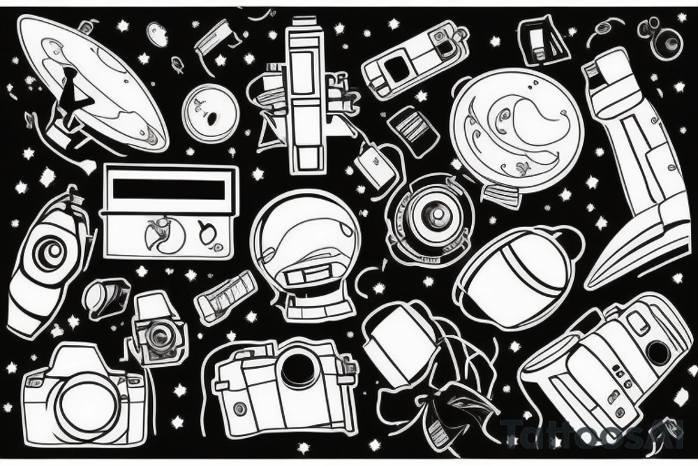 Camera illustration with Astronaut and hourglass tattoo idea