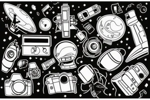 Camera illustration with Astronaut and hourglass tattoo idea