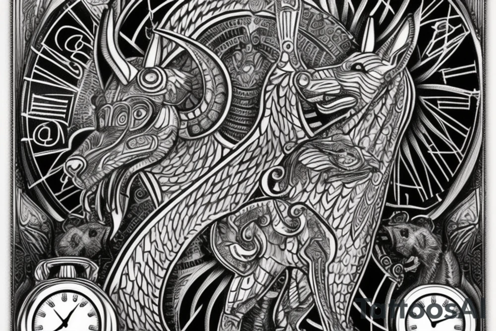 sleeve with an anubis, clock and scales in the background, the torso of anubis is depicted, majestic and formidable tattoo idea