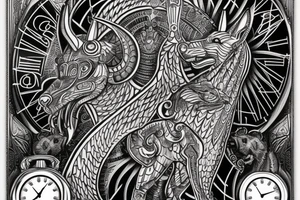 sleeve with an anubis, clock and scales in the background, the torso of anubis is depicted, majestic and formidable tattoo idea