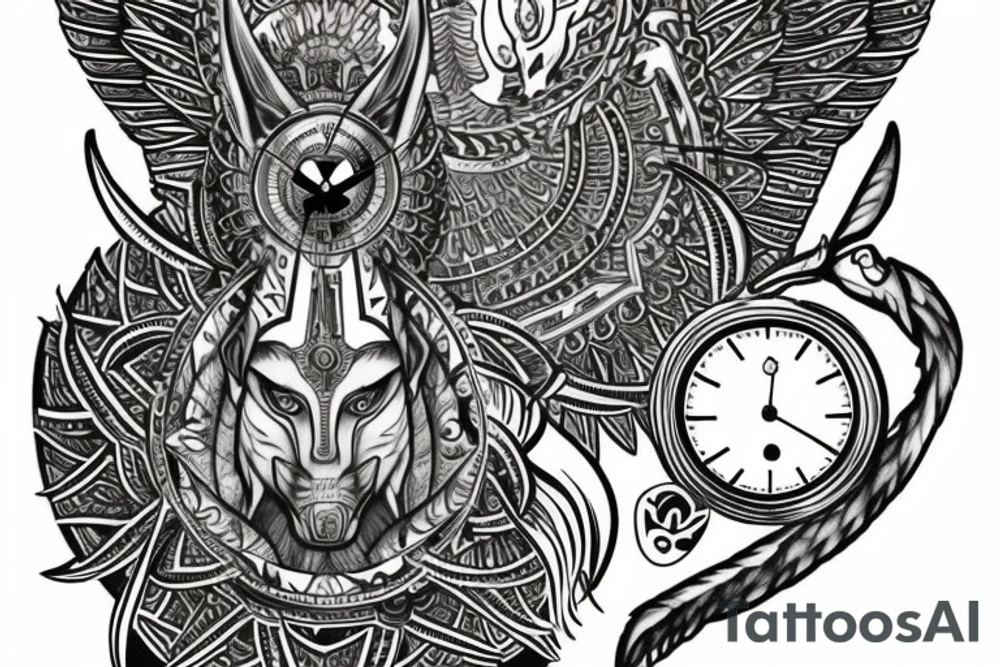 sleeve with an anubis, clock and scales in the background, the torso of anubis is depicted, majestic and formidable tattoo idea
