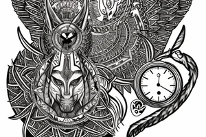 sleeve with an anubis, clock and scales in the background, the torso of anubis is depicted, majestic and formidable tattoo idea