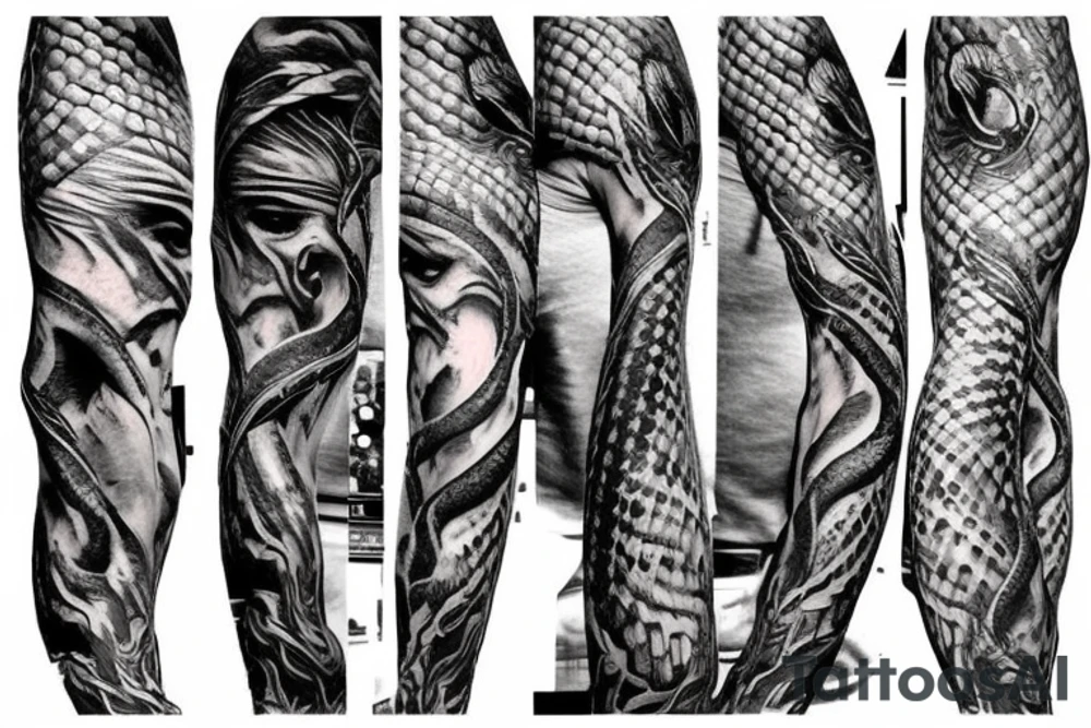human skin performing into snake skin including snake head full tattoo design for arm tattoo idea