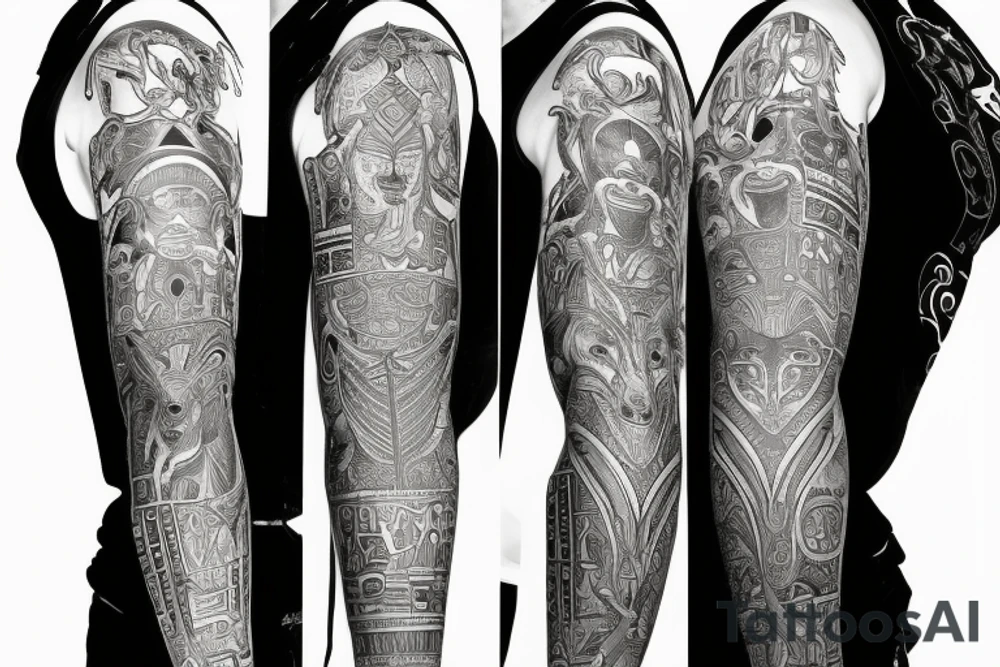 sleeve with Egyptian god anubis, clock and scales in the background, angry and formidable Anubis tattoo idea