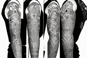 sleeve with Egyptian god anubis, clock and scales in the background, angry and formidable Anubis tattoo idea