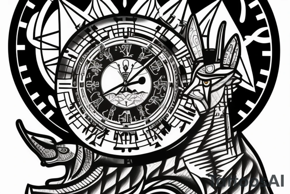 sleeve with Egyptian god anubis, clock and scales in the background, angry and formidable Anubis tattoo idea