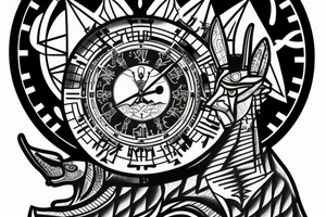 sleeve with Egyptian god anubis, clock and scales in the background, angry and formidable Anubis tattoo idea