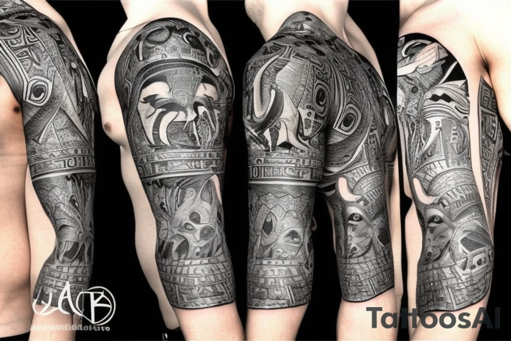 sleeve with Egyptian god anubis, clock and scales in the background, angry and formidable Anubis tattoo idea