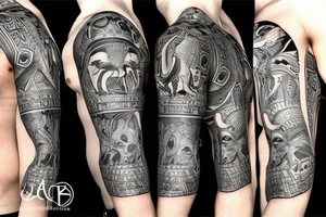 sleeve with Egyptian god anubis, clock and scales in the background, angry and formidable Anubis tattoo idea