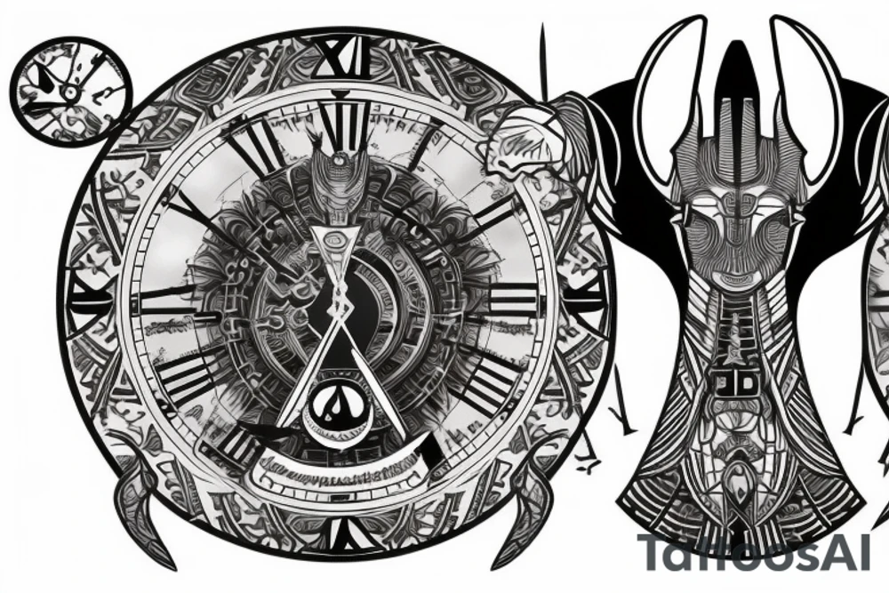 sleeve with Egyptian god anubis, clock and scales in the background, angry and formidable Anubis tattoo idea