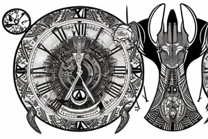 sleeve with Egyptian god anubis, clock and scales in the background, angry and formidable Anubis tattoo idea