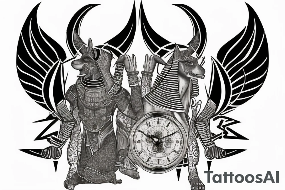 sleeve with Egyptian god anubis, clock and scales in the background, angry and formidable Anubis tattoo idea