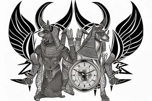 sleeve with Egyptian god anubis, clock and scales in the background, angry and formidable Anubis tattoo idea