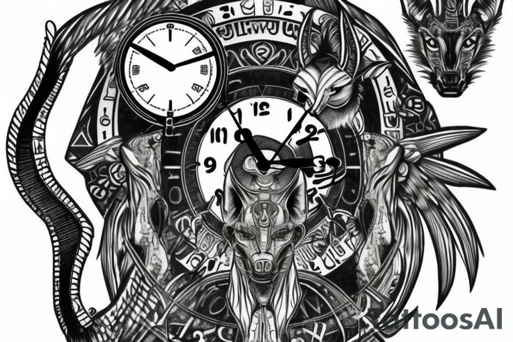 sleeve with Egyptian god anubis, clock and scales in the background, angry and formidable Anubis tattoo idea