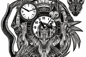 sleeve with Egyptian god anubis, clock and scales in the background, angry and formidable Anubis tattoo idea