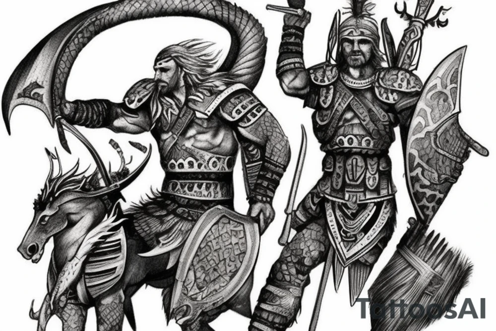 draw a tattoo of a Dacian Warrior next to Draco Dragon, the tothem of Dacians. Add a Falx Sword and the word INVICTUS tattoo idea