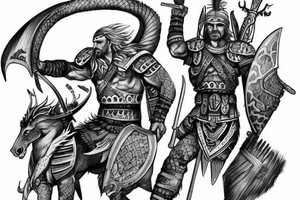 draw a tattoo of a Dacian Warrior next to Draco Dragon, the tothem of Dacians. Add a Falx Sword and the word INVICTUS tattoo idea