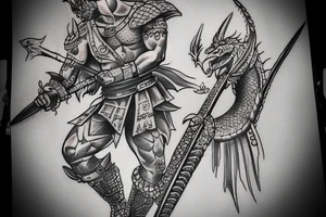 draw a tattoo of a Dacian Warrior next to Draco Dragon, the tothem of Dacians. Add a Falx Sword and the word INVICTUS tattoo idea