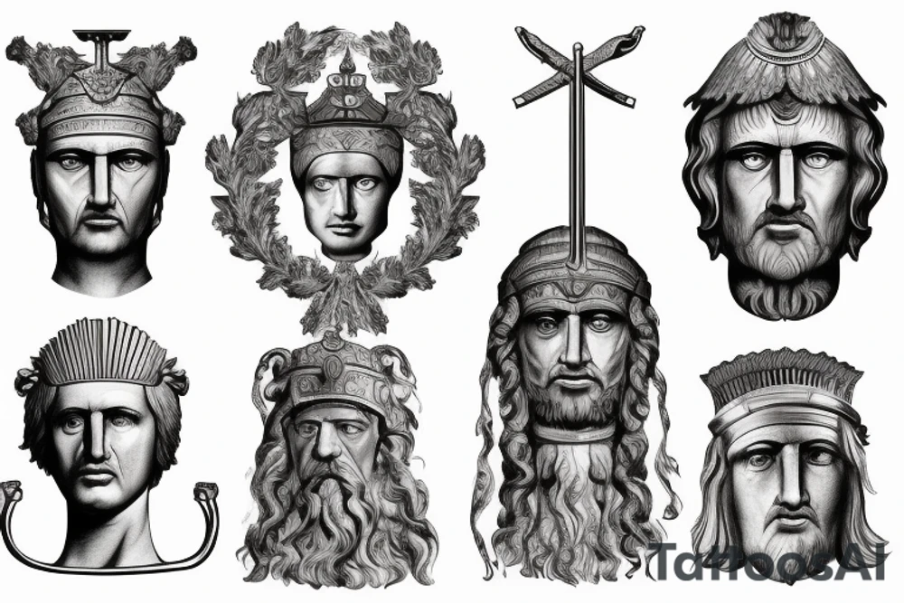 draw a tattoo of a Dacian face like you see in the dacian statues in vatican next to Draco, the draco like on Trajan's Column. Add a Falx Sword and the word INVICTUS tattoo idea