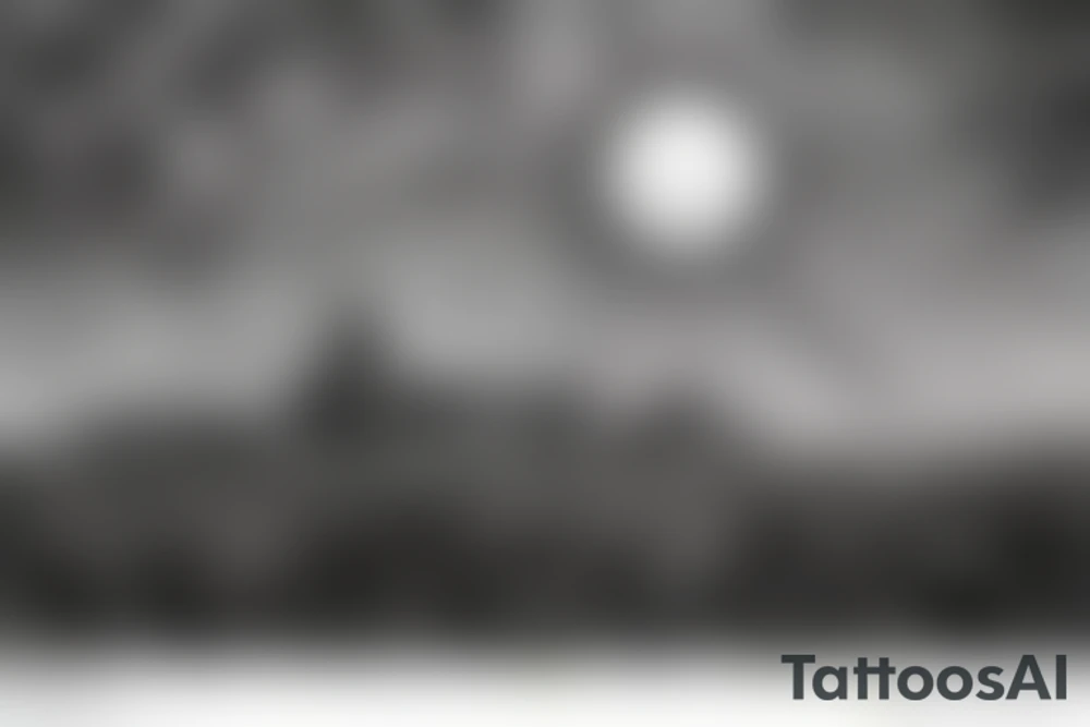 A mountain on an island in Thailand on the beach and a sun behind it. Only black lines. tattoo idea