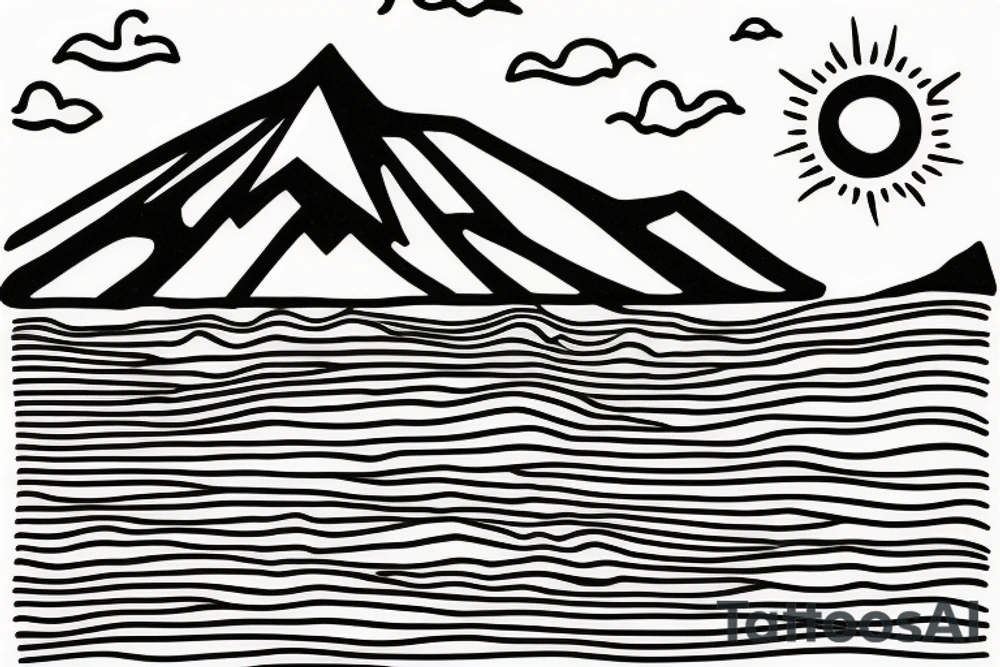 A mountain on an island in Thailand on the beach and a sun behind it. Only black lines. tattoo idea