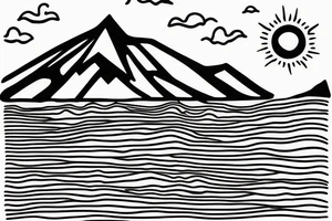 A mountain on an island in Thailand on the beach and a sun behind it. Only black lines. tattoo idea