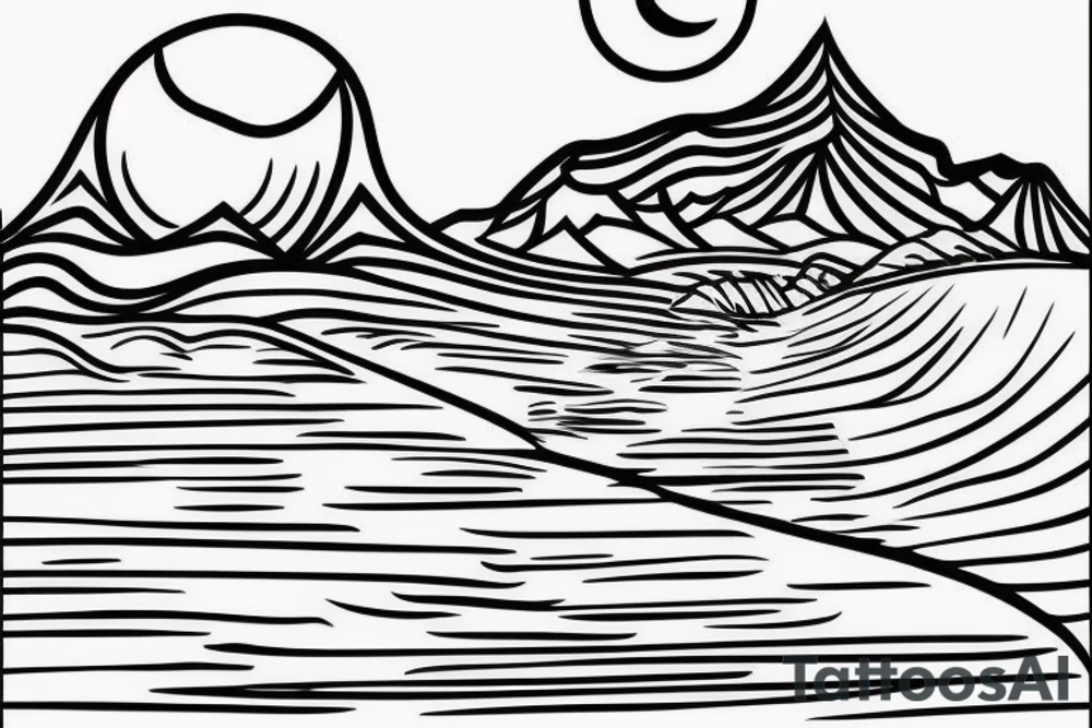 A mountain on an island in Thailand on the beach and a sun behind it. Only black lines. tattoo idea