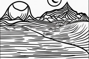 A mountain on an island in Thailand on the beach and a sun behind it. Only black lines. tattoo idea