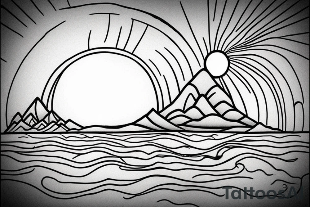 A mountain on an island in Thailand on the beach and a sun behind it. Only black lines. tattoo idea