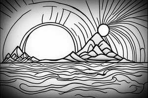 A mountain on an island in Thailand on the beach and a sun behind it. Only black lines. tattoo idea