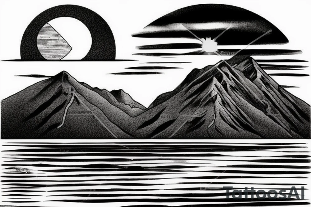 A mountain on an island in Thailand on the beach and a sun behind it. Only black lines. tattoo idea