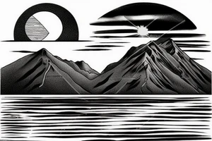 A mountain on an island in Thailand on the beach and a sun behind it. Only black lines. tattoo idea
