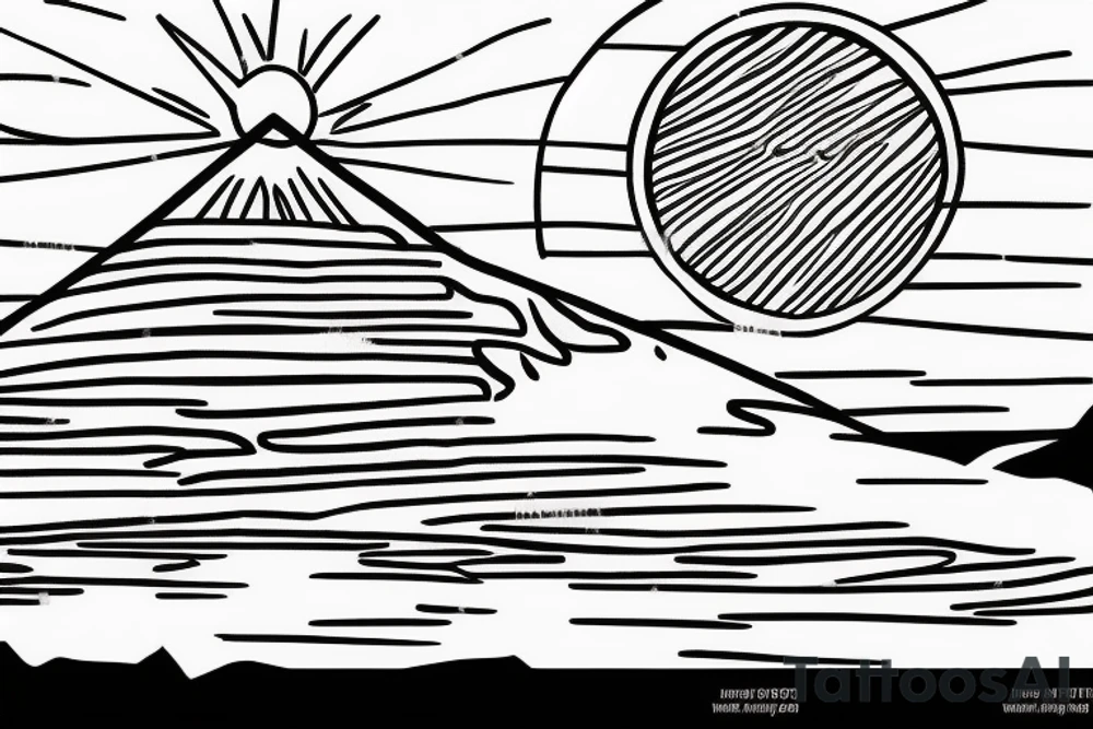 A mountain on an island in Thailand on the beach and a sun behind it. Only black lines. tattoo idea
